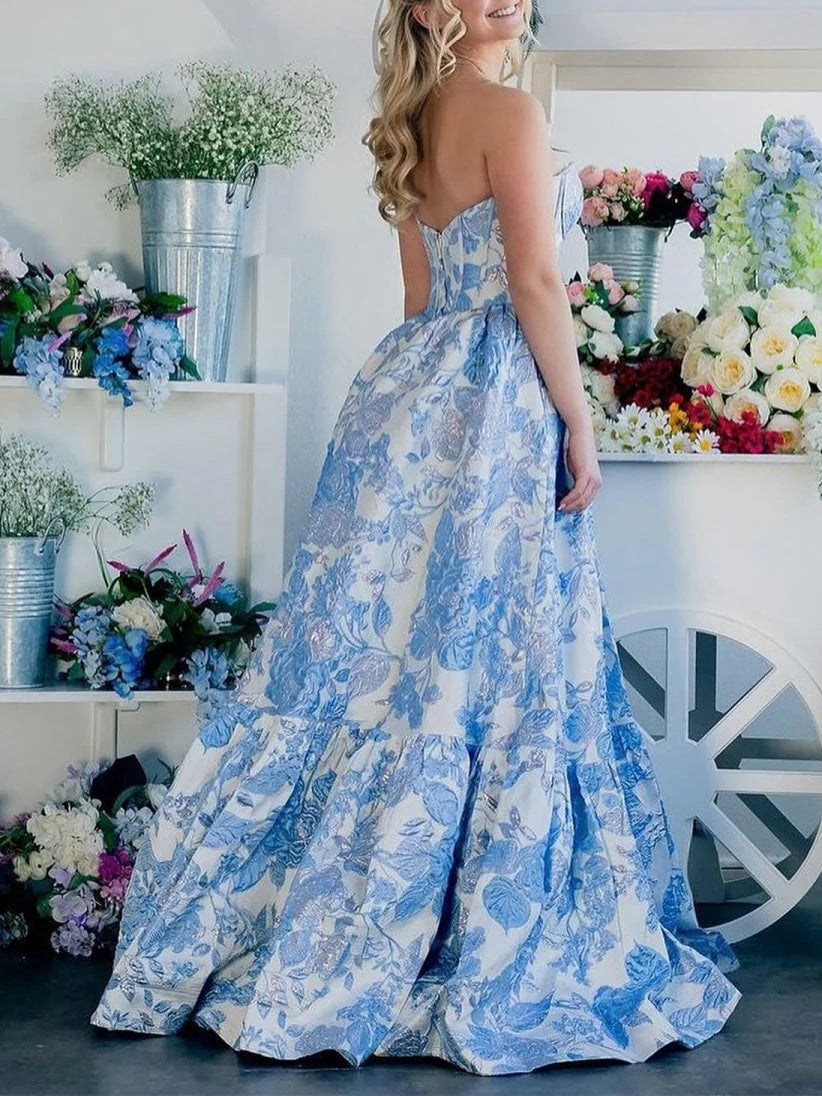 Lavender Satin Appliques Pleated A-Line Sweetheart Neck Floral Printed Floor Length Prom Dresses