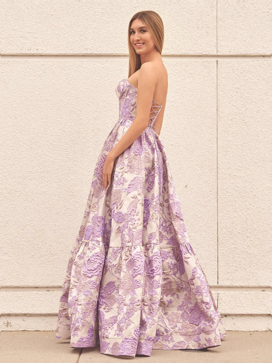 Lavender Satin Appliques Pleated A-Line Sweetheart Neck Floral Printed Floor Length Prom Dresses