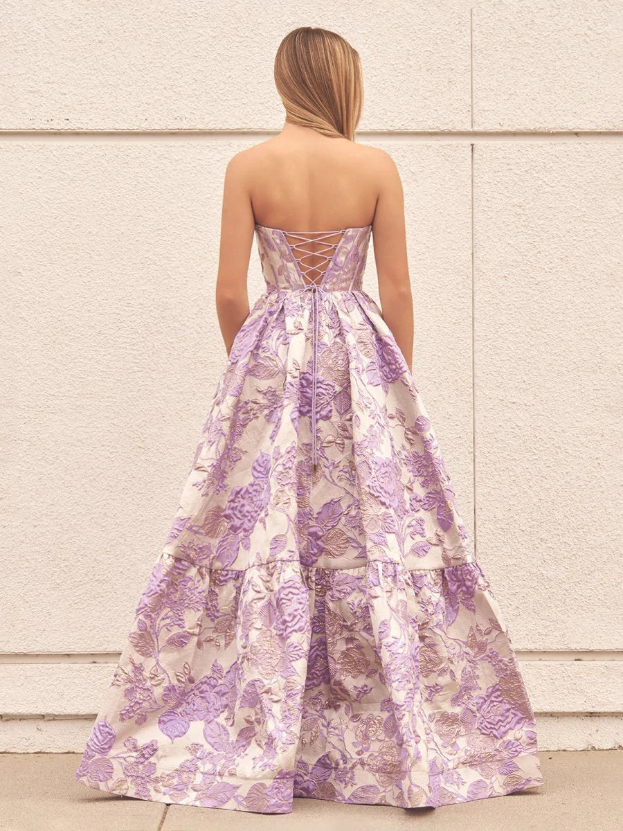 Lavender Satin Appliques Pleated A-Line Sweetheart Neck Floral Printed Floor Length Prom Dresses