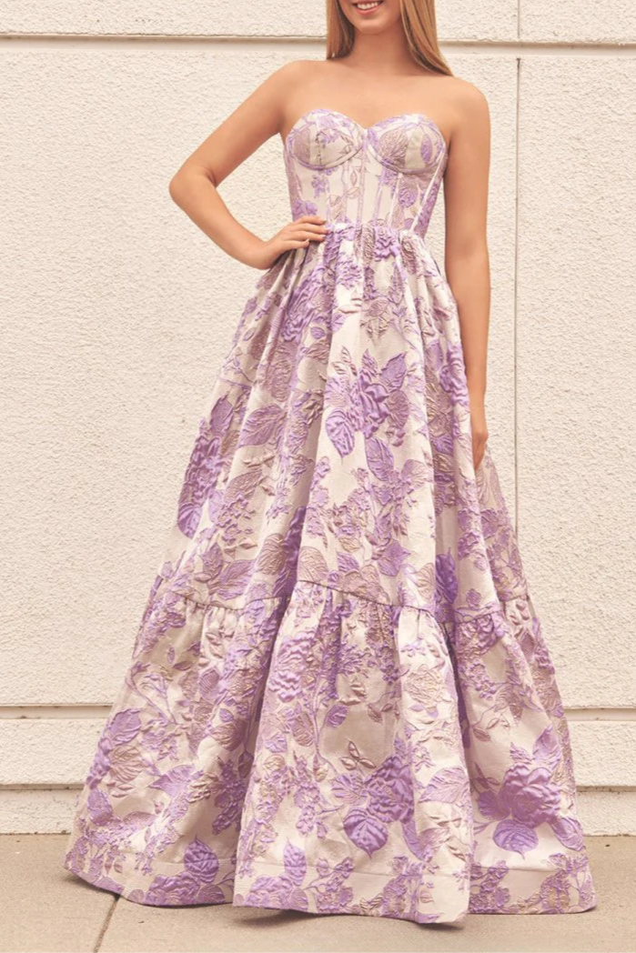 Lavender Satin Appliques Pleated A-Line Sweetheart Neck Floral Printed Floor Length Prom Dresses