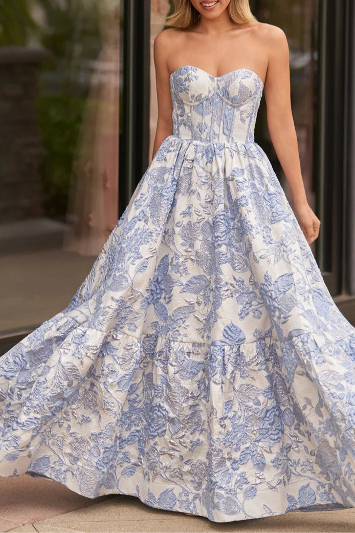 Lavender Satin Appliques Pleated A-Line Sweetheart Neck Floral Printed Floor Length Prom Dresses