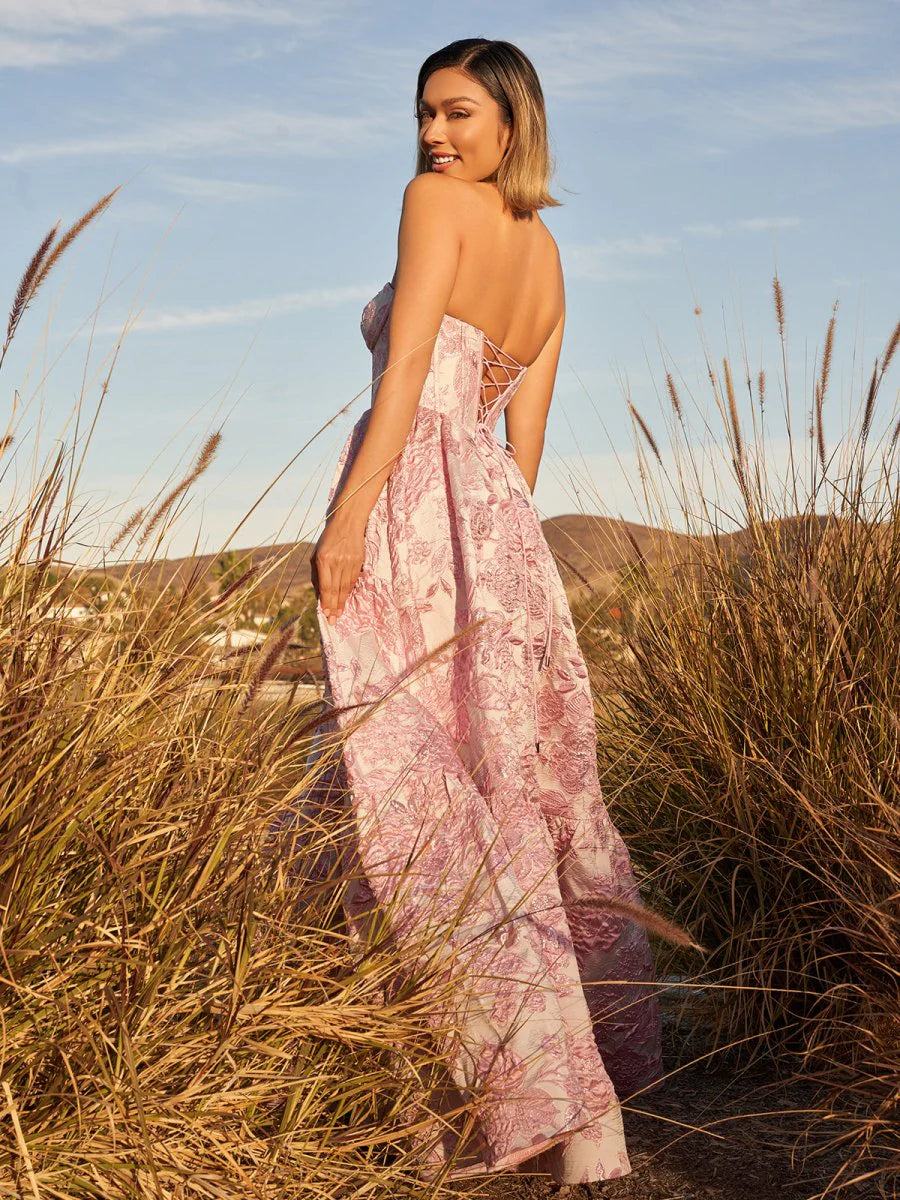 Lavender Satin Appliques Pleated A-Line Sweetheart Neck Floral Printed Floor Length Prom Dresses