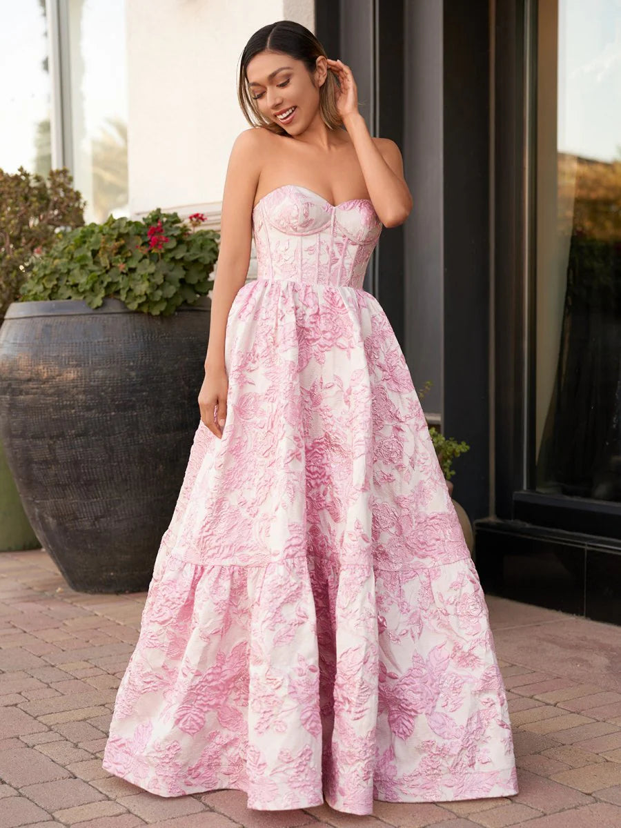 Lavender Satin Appliques Pleated A-Line Sweetheart Neck Floral Printed Floor Length Prom Dresses