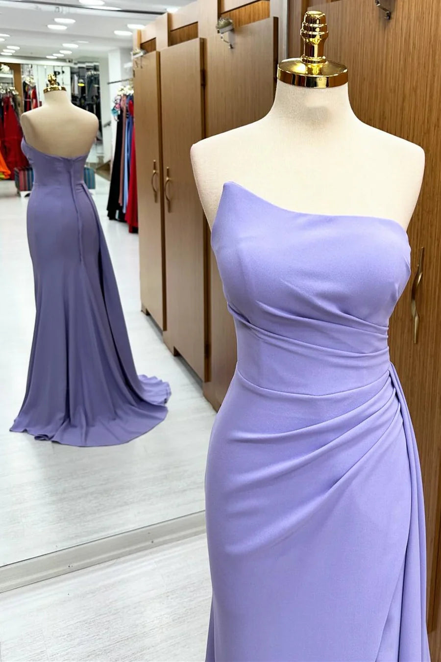 Lavender Strapless Ruched with Slit and Attached Train Bridesmaid Dress