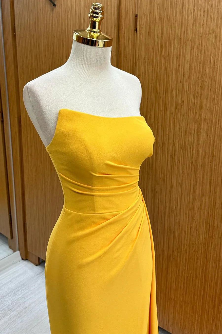 Lavender Strapless Ruched with Slit and Attached Train Bridesmaid Dress