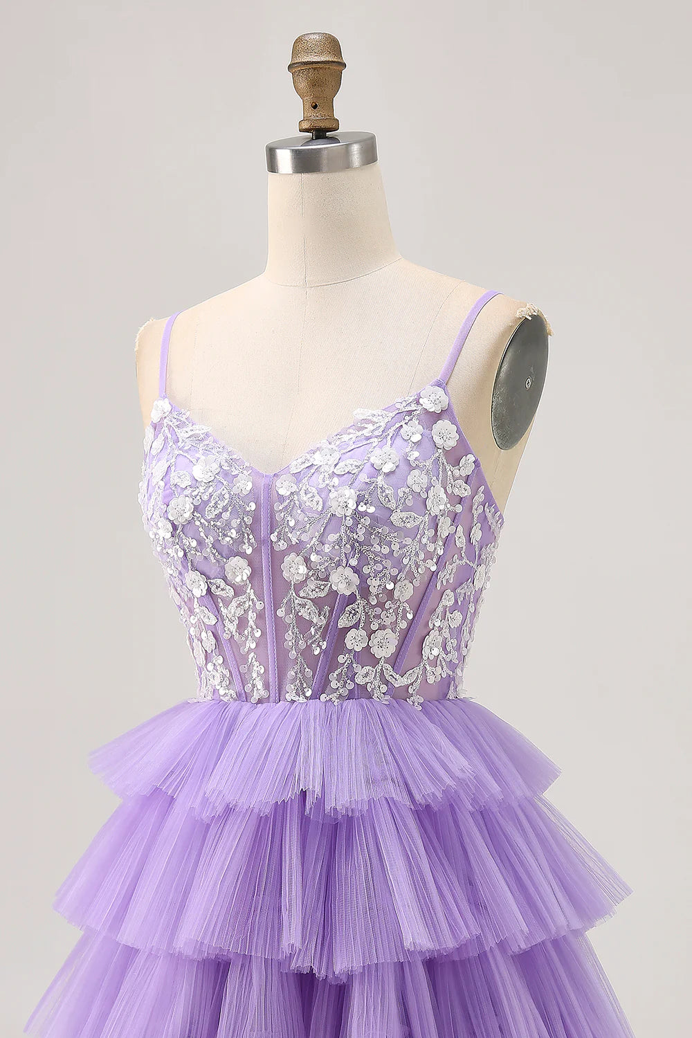 Lavender Tulle Tiered V Neck Spaghetti Straps Corset A Line Homecoming Party Dress With Appliques
