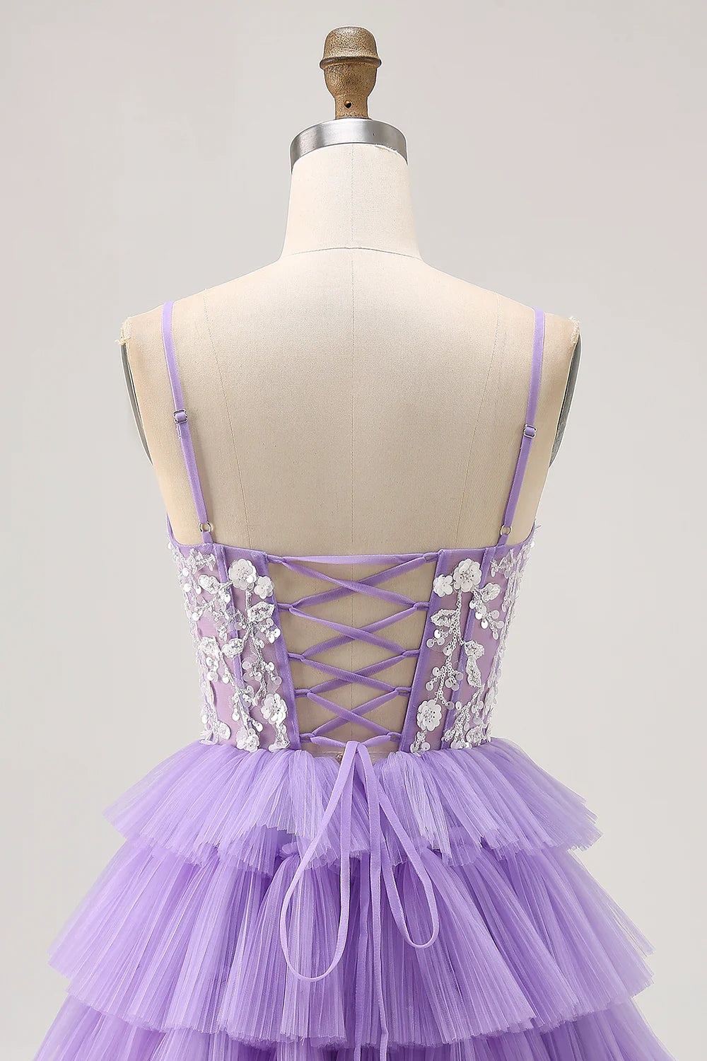 Lavender Tulle Tiered V Neck Spaghetti Straps Corset A Line Homecoming Party Dress With Appliques