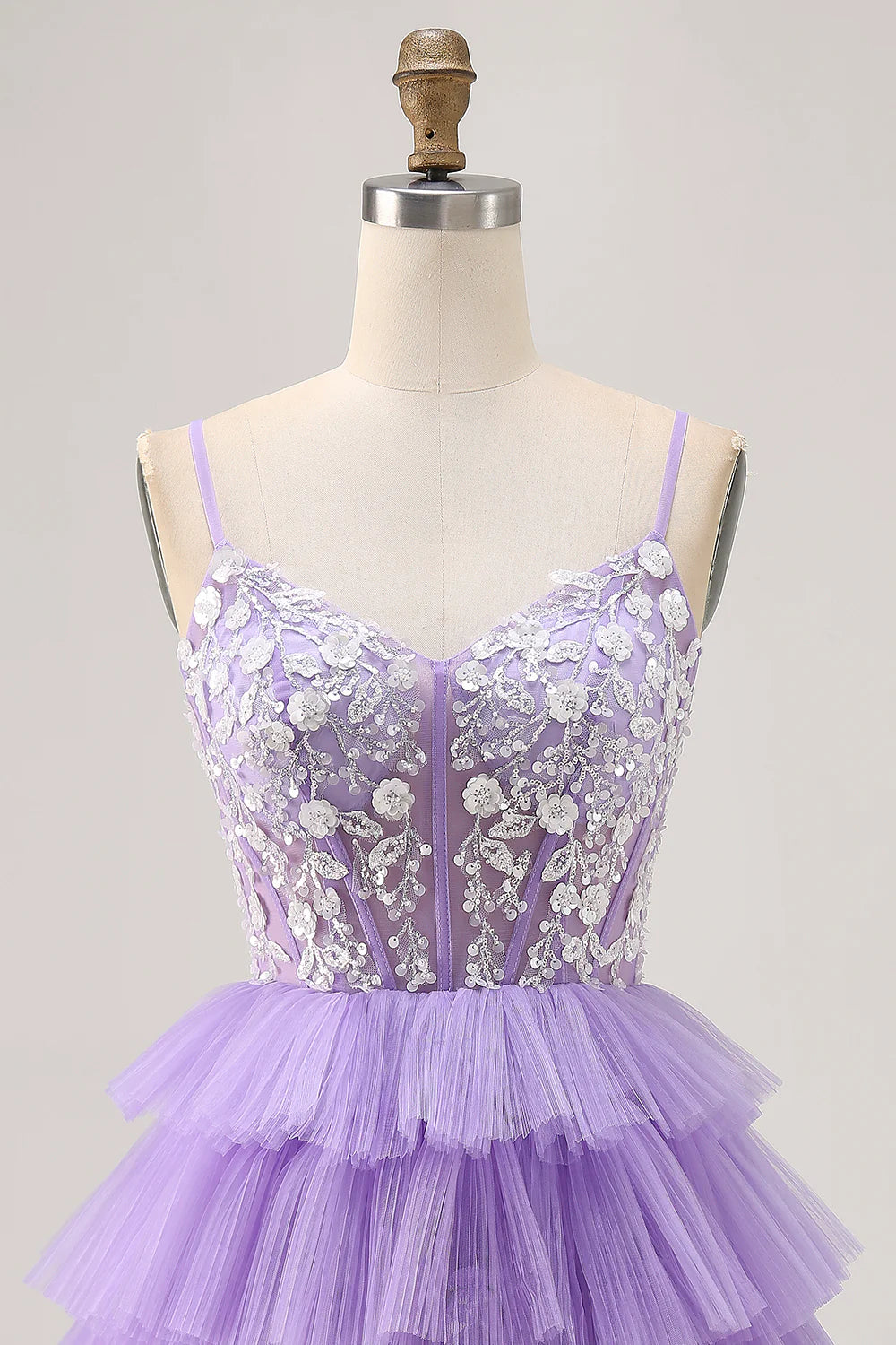 Lavender Tulle Tiered V Neck Spaghetti Straps Corset A Line Homecoming Party Dress With Appliques