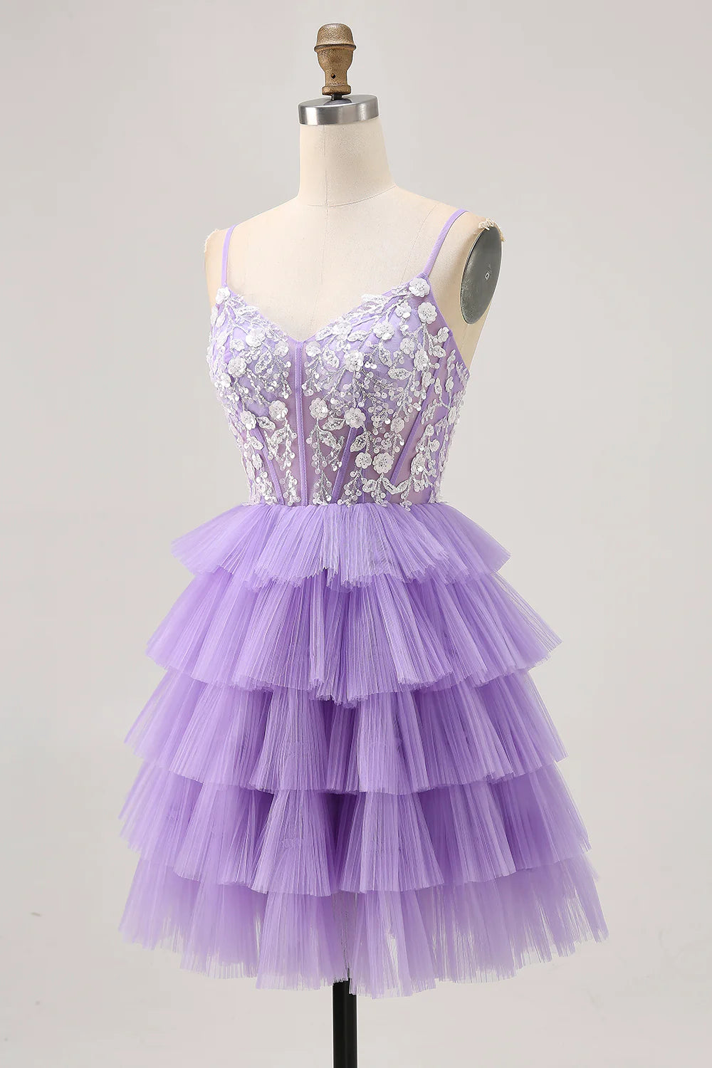Lavender Tulle Tiered V Neck Spaghetti Straps Corset A Line Homecoming Party Dress With Appliques