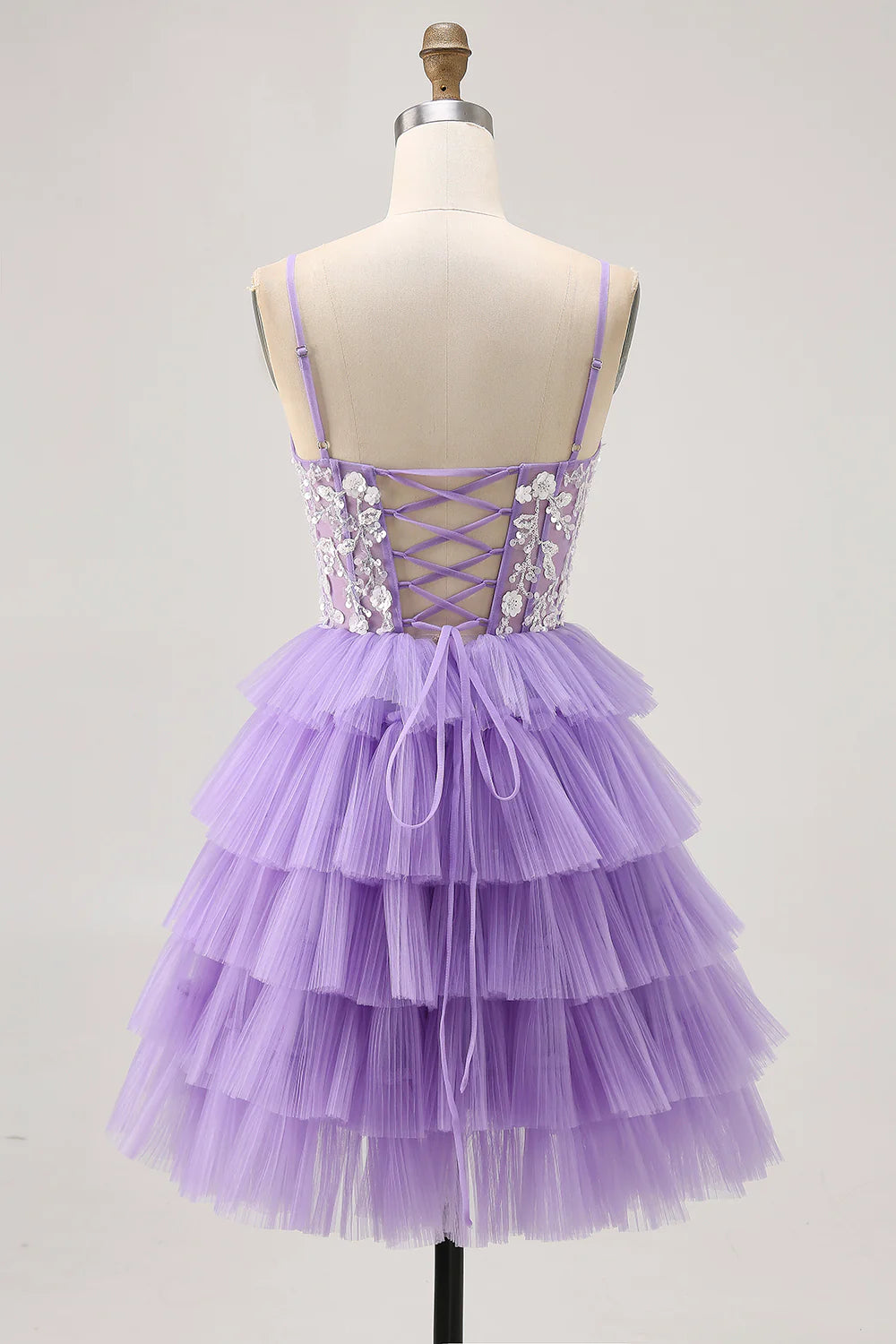 Lavender Tulle Tiered V Neck Spaghetti Straps Corset A Line Homecoming Party Dress With Appliques