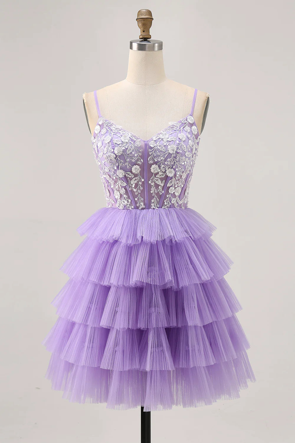 Lavender Tulle Tiered V Neck Spaghetti Straps Corset A Line Homecoming Party Dress With Appliques
