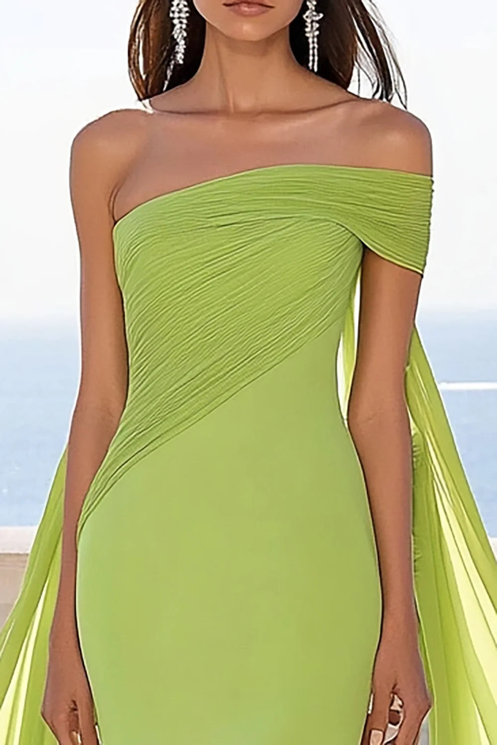 Lemon Green Pleated Cold Shoulder Mermaid  With Streamer Slit Formal Dress Evening Dress