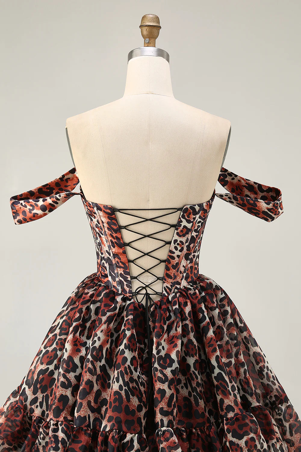 Leopard Khaki Sweetheart Collar Off the Shoulder Corset A Line Mini Homecoming Dress Party Dress