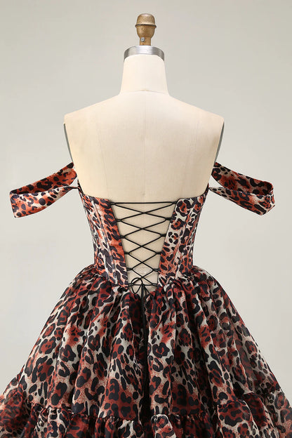 Leopard Khaki Sweetheart Collar Off the Shoulder Corset A Line Mini Homecoming Dress Party Dress