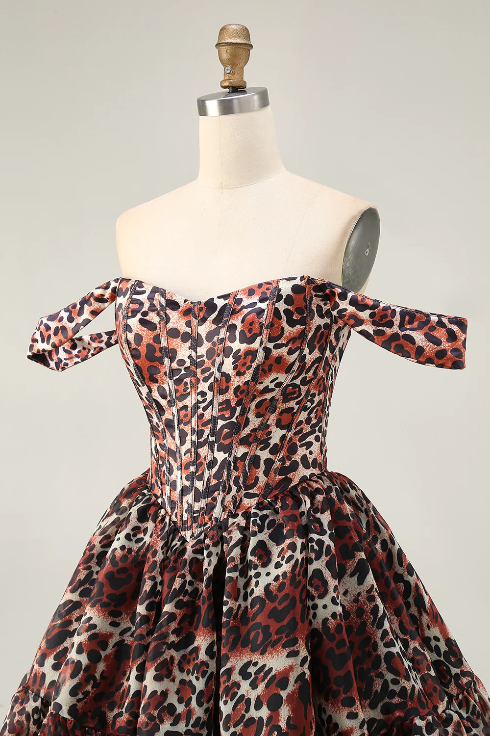 Leopard Khaki Sweetheart Collar Off the Shoulder Corset A Line Mini Homecoming Dress Party Dress
