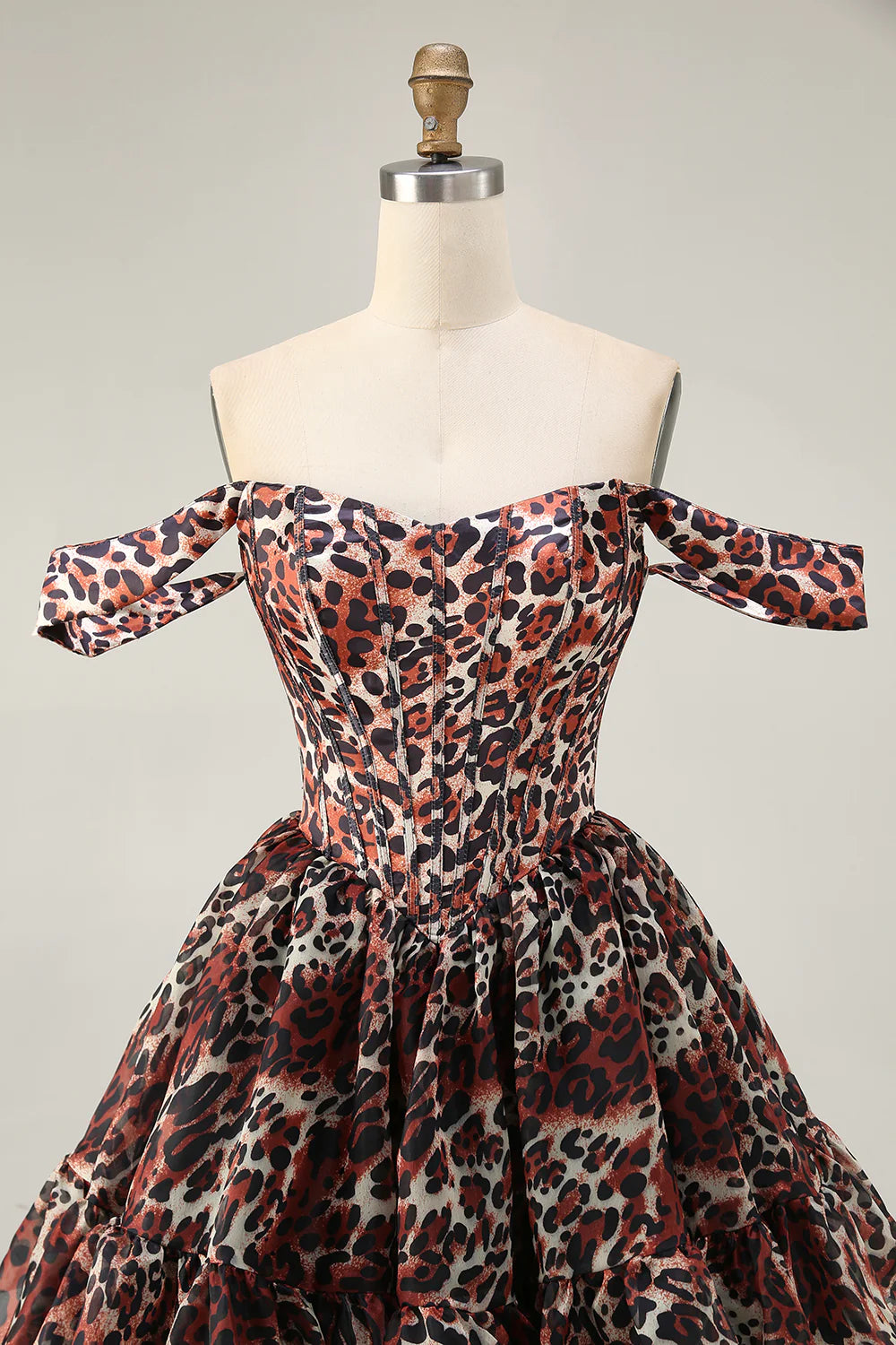 Leopard Khaki Sweetheart Collar Off the Shoulder Corset A Line Mini Homecoming Dress Party Dress