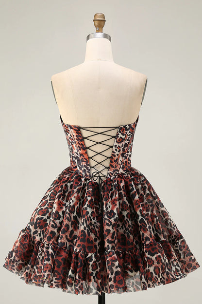 Leopard Khaki Sweetheart Collar Off the Shoulder Corset A Line Mini Homecoming Dress Party Dress