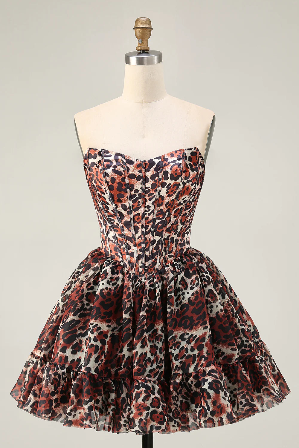 Leopard Khaki Sweetheart Collar Off the Shoulder Corset A Line Mini Homecoming Dress Party Dress