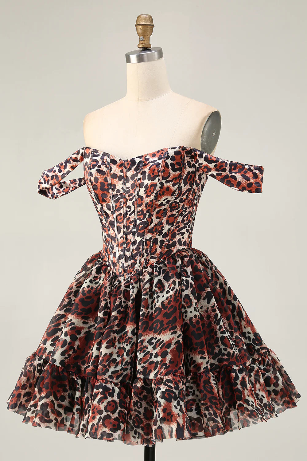 Leopard Khaki Sweetheart Collar Off the Shoulder Corset A Line Mini Homecoming Dress Party Dress