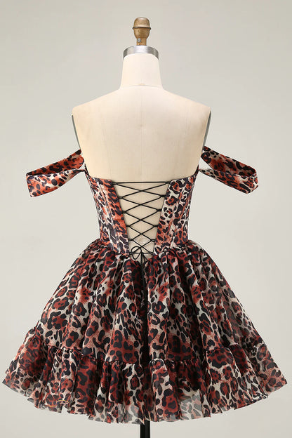 Leopard Khaki Sweetheart Collar Off the Shoulder Corset A Line Mini Homecoming Dress Party Dress