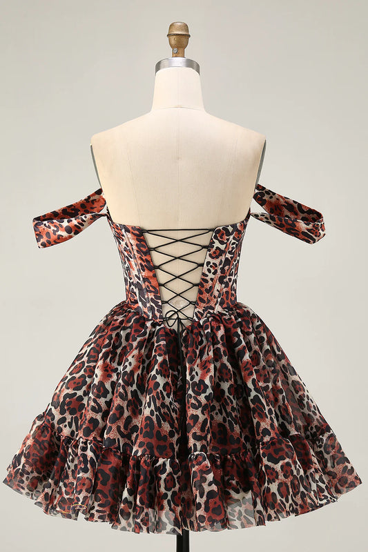 Leopard Khaki Sweetheart Collar Off the Shoulder Corset A Line Mini Homecoming Dress Party Dress