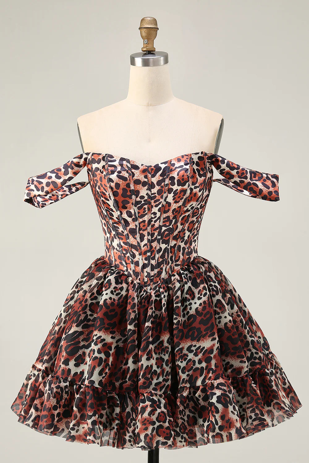 Leopard Khaki Sweetheart Collar Off the Shoulder Corset A Line Mini Homecoming Dress Party Dress