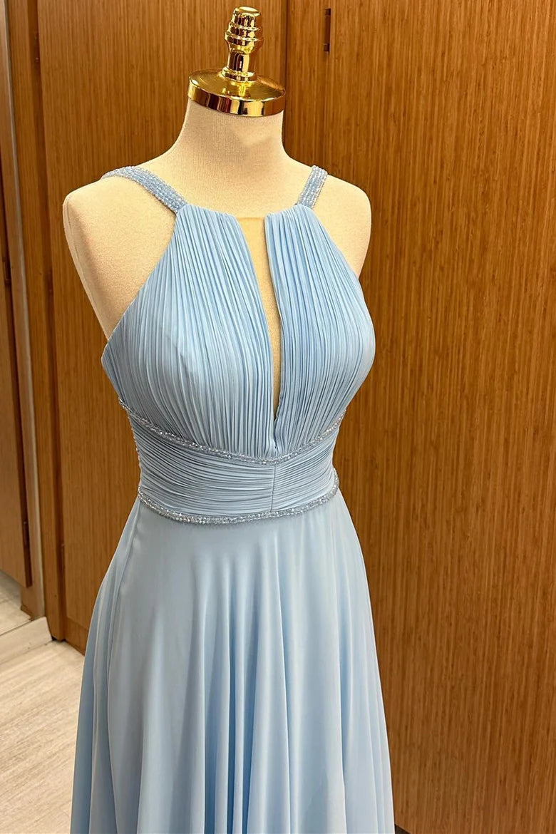 Light Blue Chiffon Plunging V Neck Sequins With Applique Wedding Guest Dress