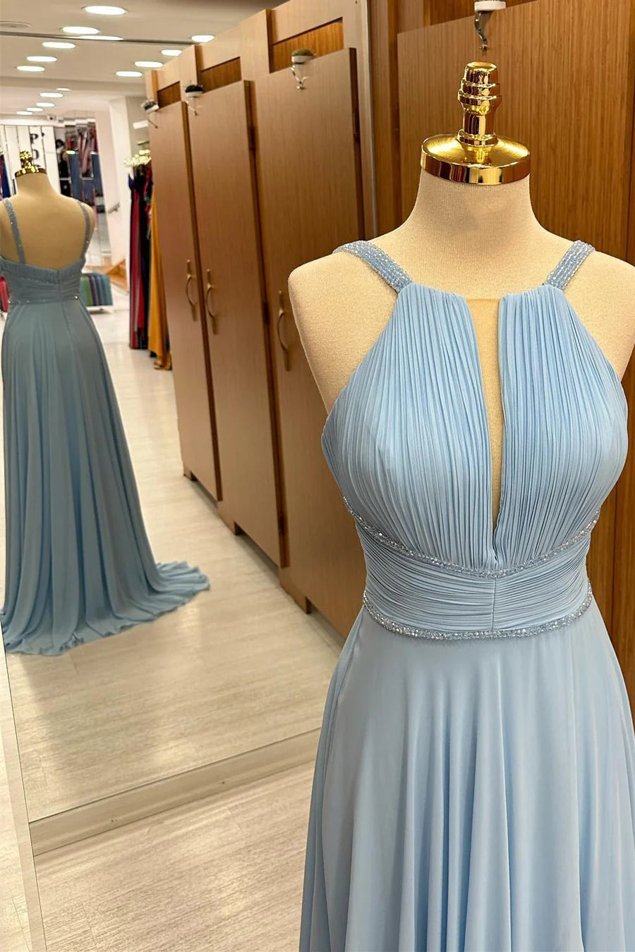 Light Blue Chiffon Plunging V Neck Sequins With Applique Wedding Guest Dress
