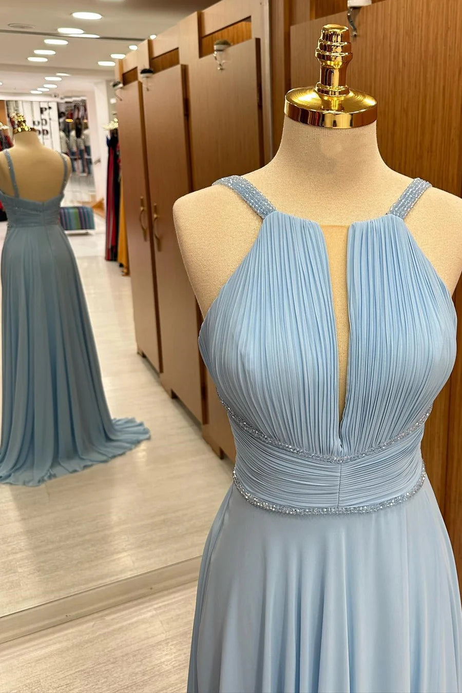 Light Blue Chiffon Plunging V Neck Sequins With Applique Wedding Guest Dress