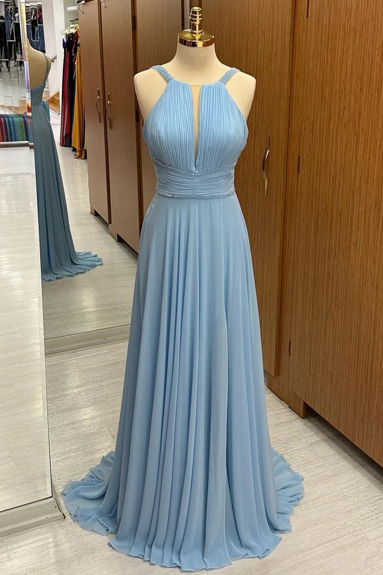 Light Blue Chiffon Plunging V Neck Sequins With Applique Wedding Guest Dress