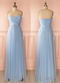 Light Blue Chiffon Tulle Sweetheart Neckline Strapless Long A-Line Ball Gown Bridesmaid Dresses