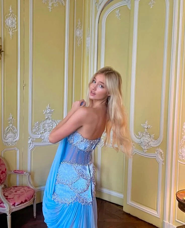 Light Blue Chiffon Waist tulle A Line  Maxi Long Party Prom Dresses Evening Dress With Beaded