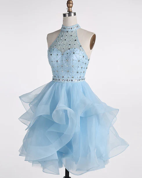 Light Blue High Neck Beaded Layered Knee Length Party Dress Homecoming Dress Prom Dress