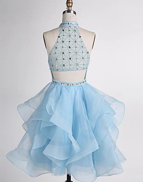 Light Blue High Neck Beaded Layered Knee Length Party Dress Homecoming Dress Prom Dress