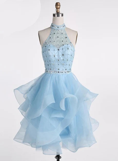 Light Blue High Neck Beaded Layered Knee Length Party Dress Homecoming Dress Prom Dress