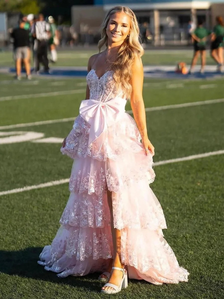 Light Blue Lace Sequins Sweetheart Neck Appliques Tiered Ruffle Long Formal Gown Prom Dress