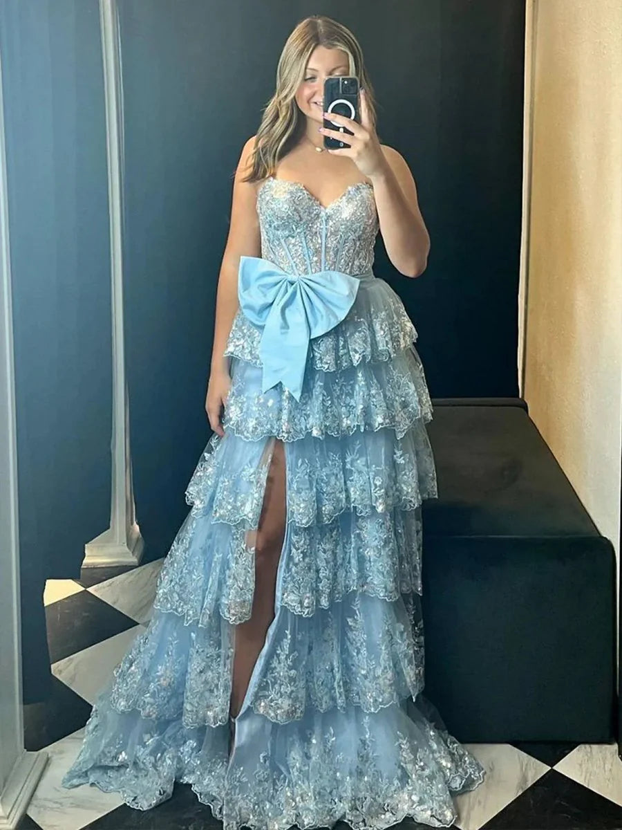 Light Blue Lace Sequins Sweetheart Neck Appliques Tiered Ruffle Long Formal Gown Prom Dress
