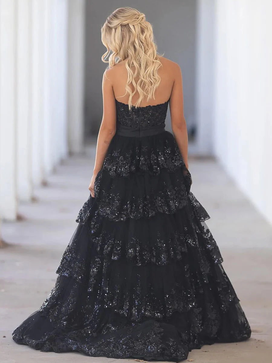 Light Blue Lace Sequins Sweetheart Neck Appliques Tiered Ruffle Long Formal Gown Prom Dress