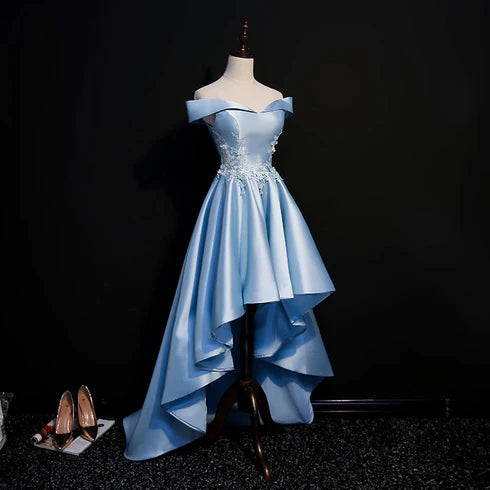 Light Blue Off Shoulder Lace Applique Asymmetrical  Satin Homecoming Dress Formal Dress
