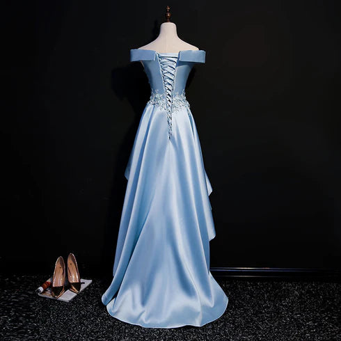 Light Blue Off Shoulder Lace Applique Asymmetrical  Satin Homecoming Dress Formal Dress