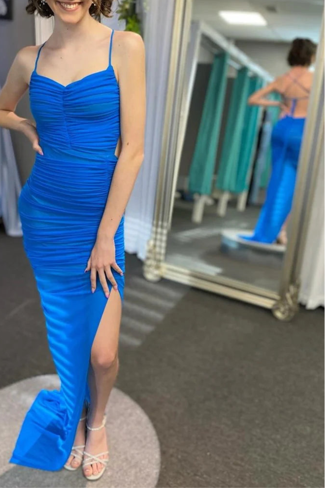 Light Blue Satin Spaghetti Straps Mermaid Ruched Lace-Up Back Sweep Train Prom Dress With Slit