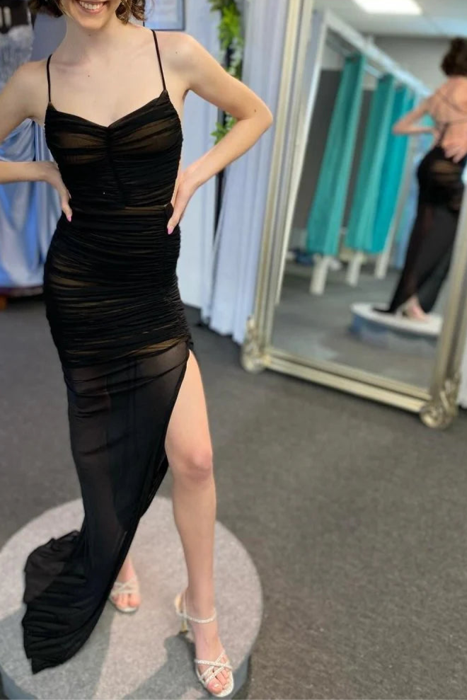 Light Blue Satin Spaghetti Straps Mermaid Ruched Lace-Up Back Sweep Train Prom Dress With Slit