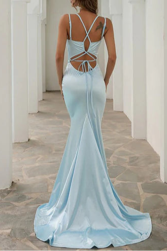 Light Blue Satin Spaghetti Straps V-Neck Lace-Up Cut Out Mermaid Long Evening Dress With Train