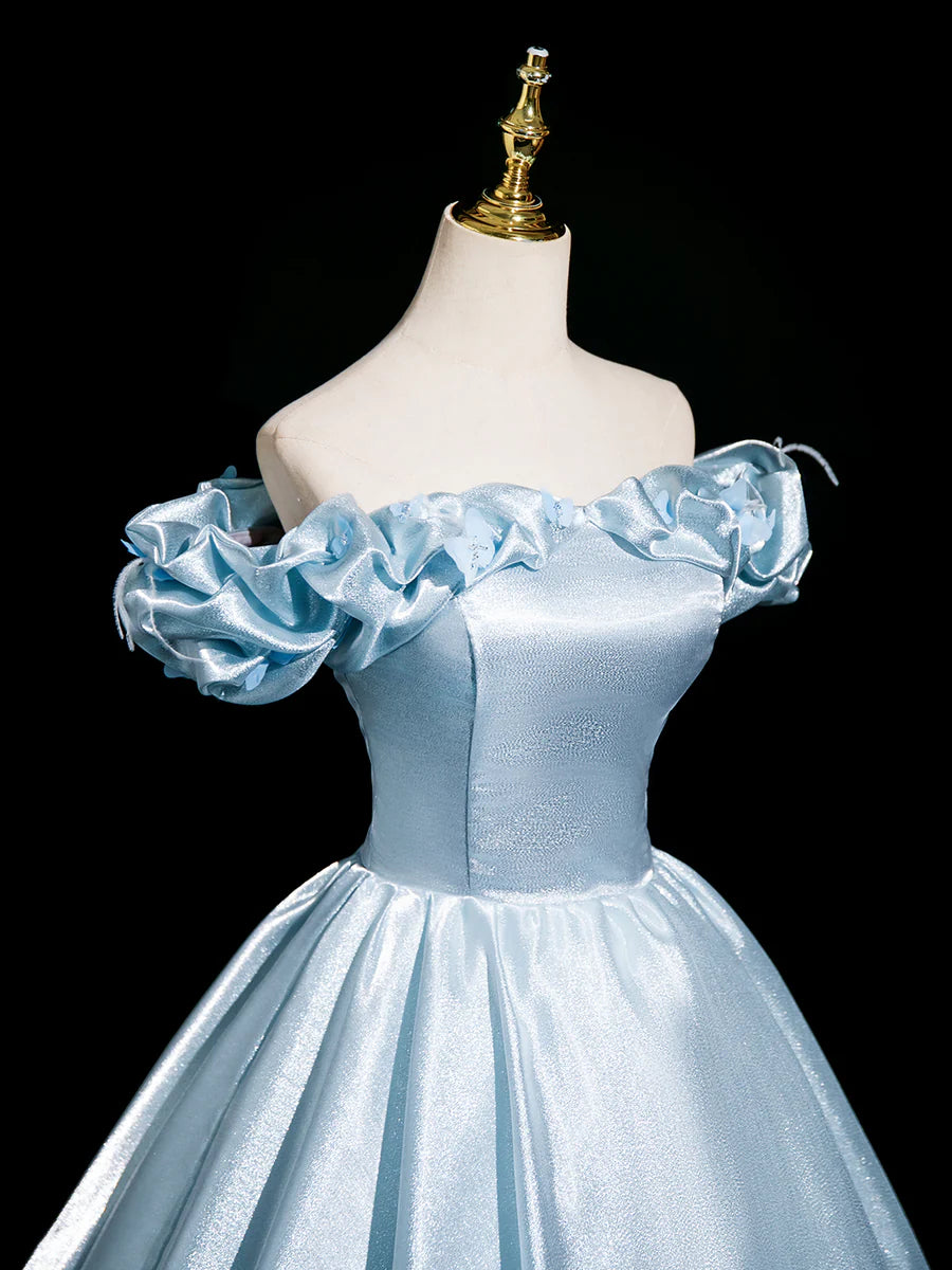 Light Blue Satin With Applique Off the Shoulder A-Line Floor Length Prom Dress Party Dress