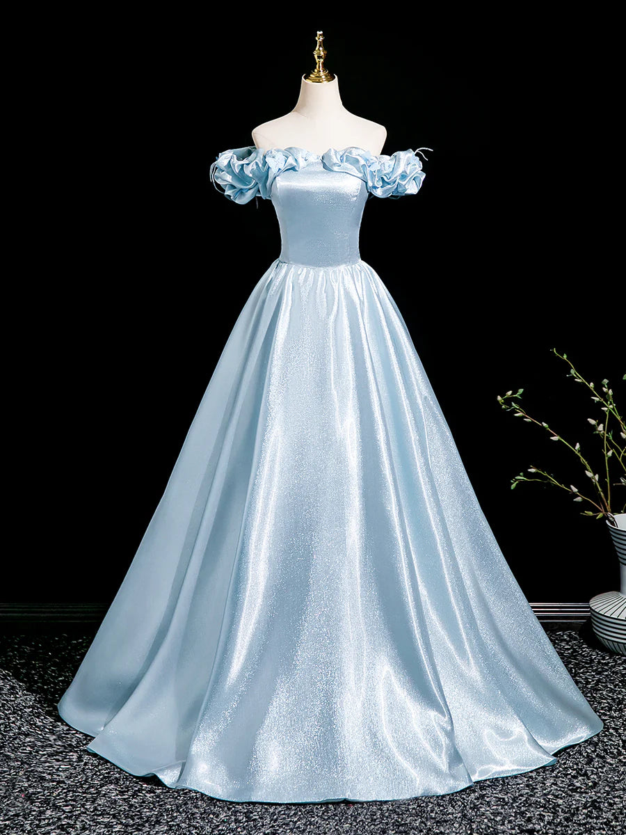 Light Blue Satin With Applique Off the Shoulder A-Line Floor Length Prom Dress Party Dress