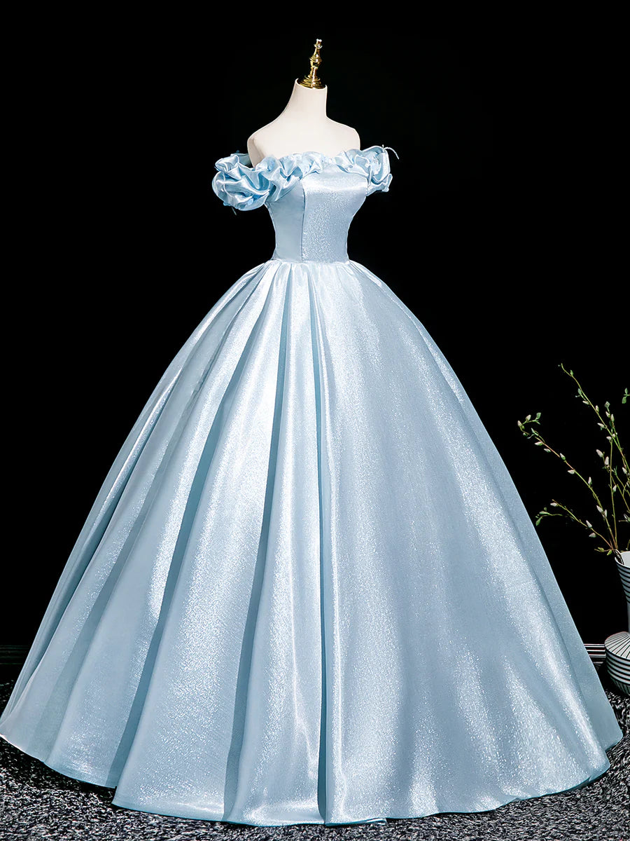 Light Blue Satin With Applique Off the Shoulder A-Line Floor Length Prom Dress Party Dress