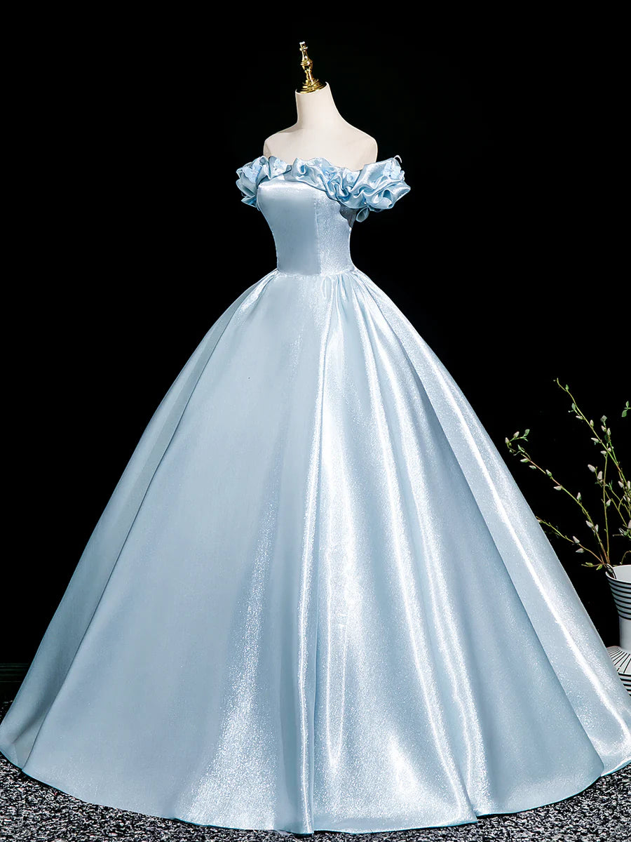 Light Blue Satin With Applique Off the Shoulder A-Line Floor Length Prom Dress Party Dress