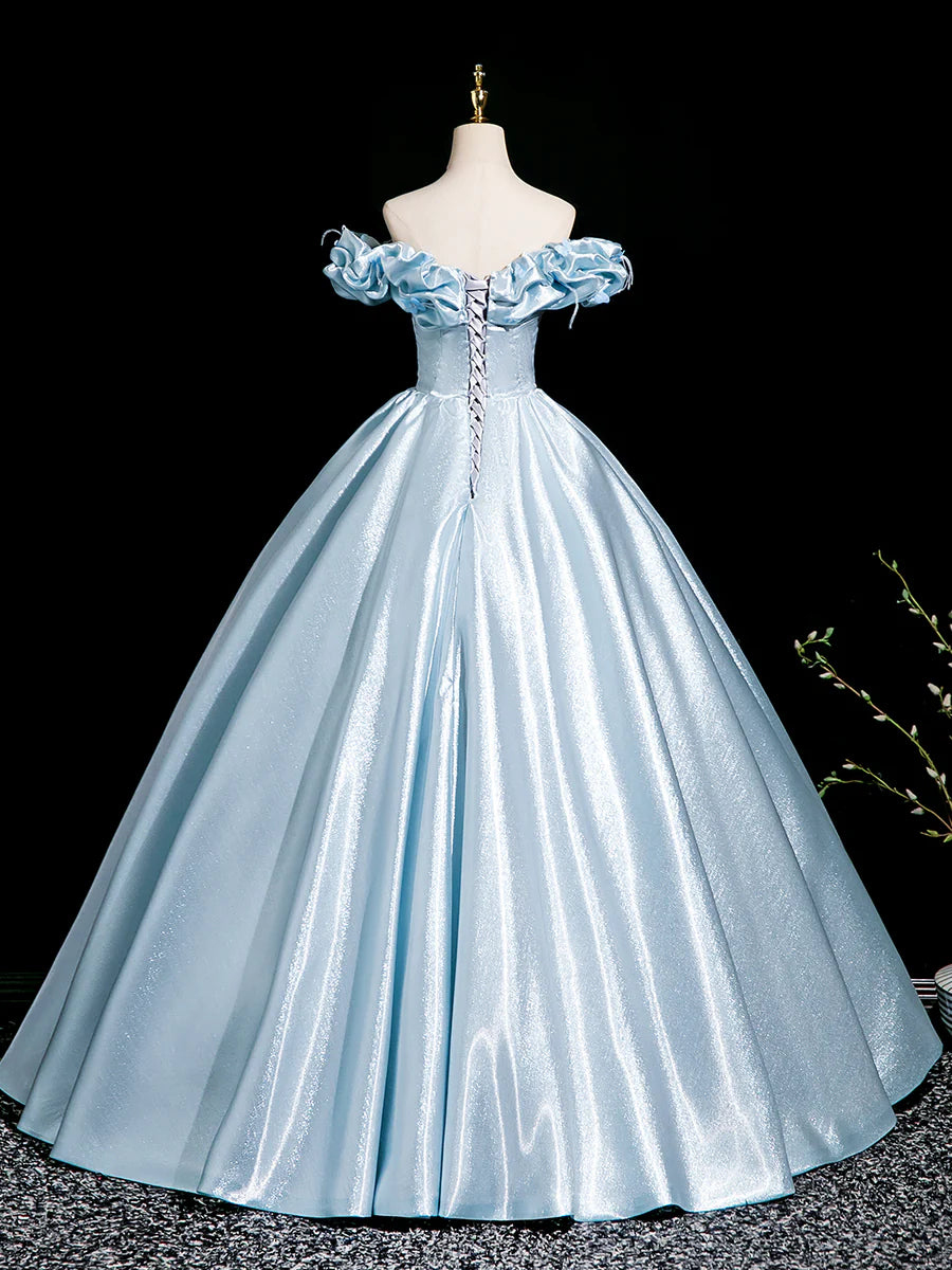 Light Blue Satin With Applique Off the Shoulder A-Line Floor Length Prom Dress Party Dress