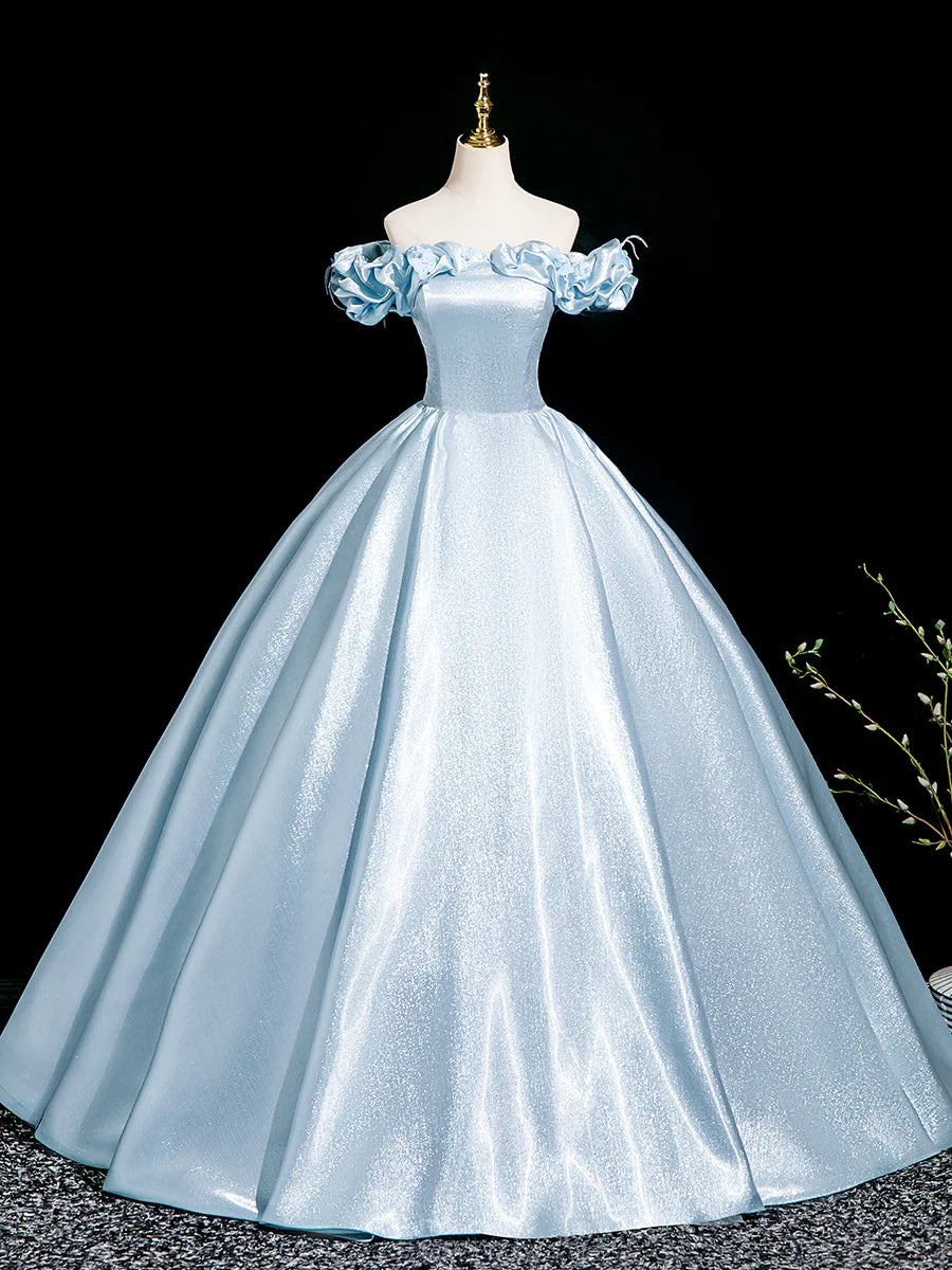 Light Blue Satin With Applique Off the Shoulder A-Line Floor Length Prom Dress Party Dress
