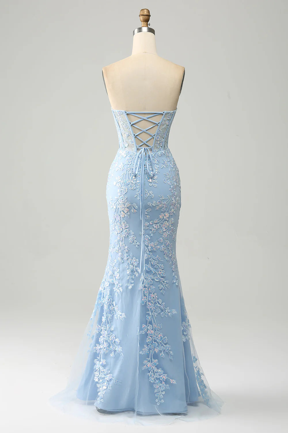 Light Blue Sequins Appliques Mermaid Sweetheart Collar Corset Prom Dress With Side Slit